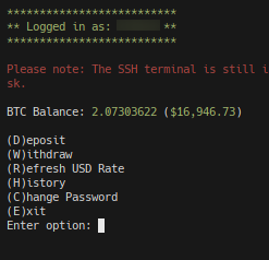 A Bitcoin balance equivalent to 16,946.73USD, and a menu with options to deposit, withdraw, refresh exchange rate, view history, change the password, and exit