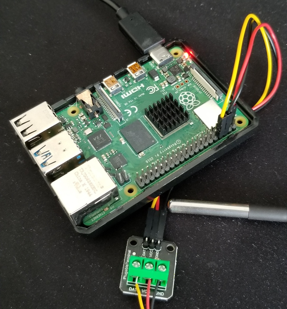 The Raspberry Pi, temperature sensor, and adapter module